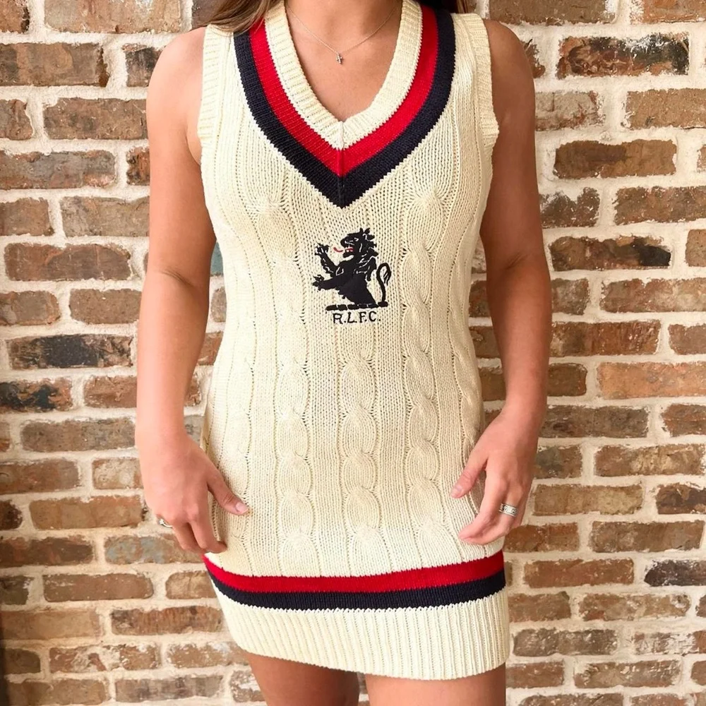 Cream and Red Women's Ralph Lauren Rugby Sweater Dress - Picture 2 of 8